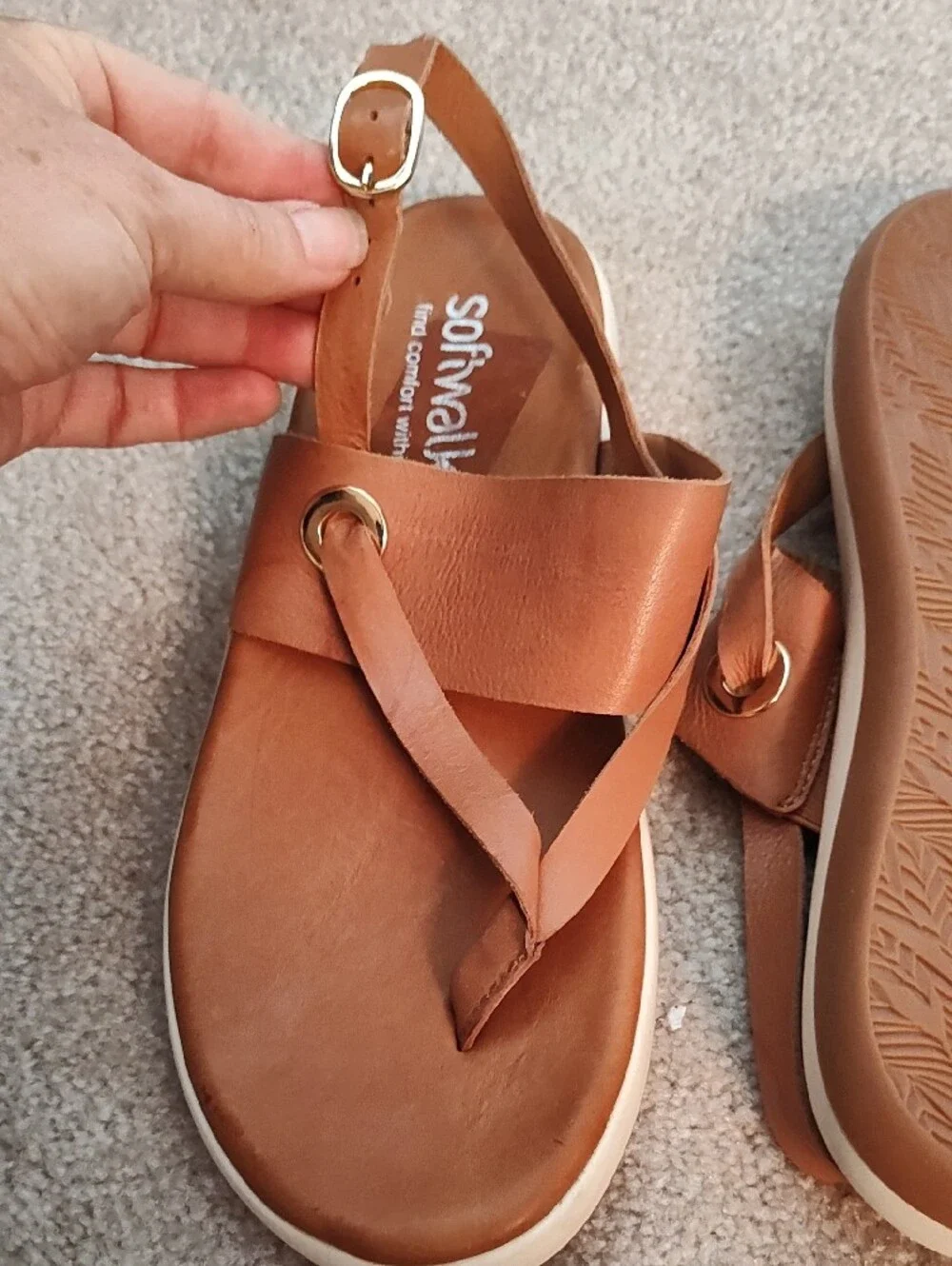 SoftWalk Women’s Brown Leather Thong Sandals with Gold Accent